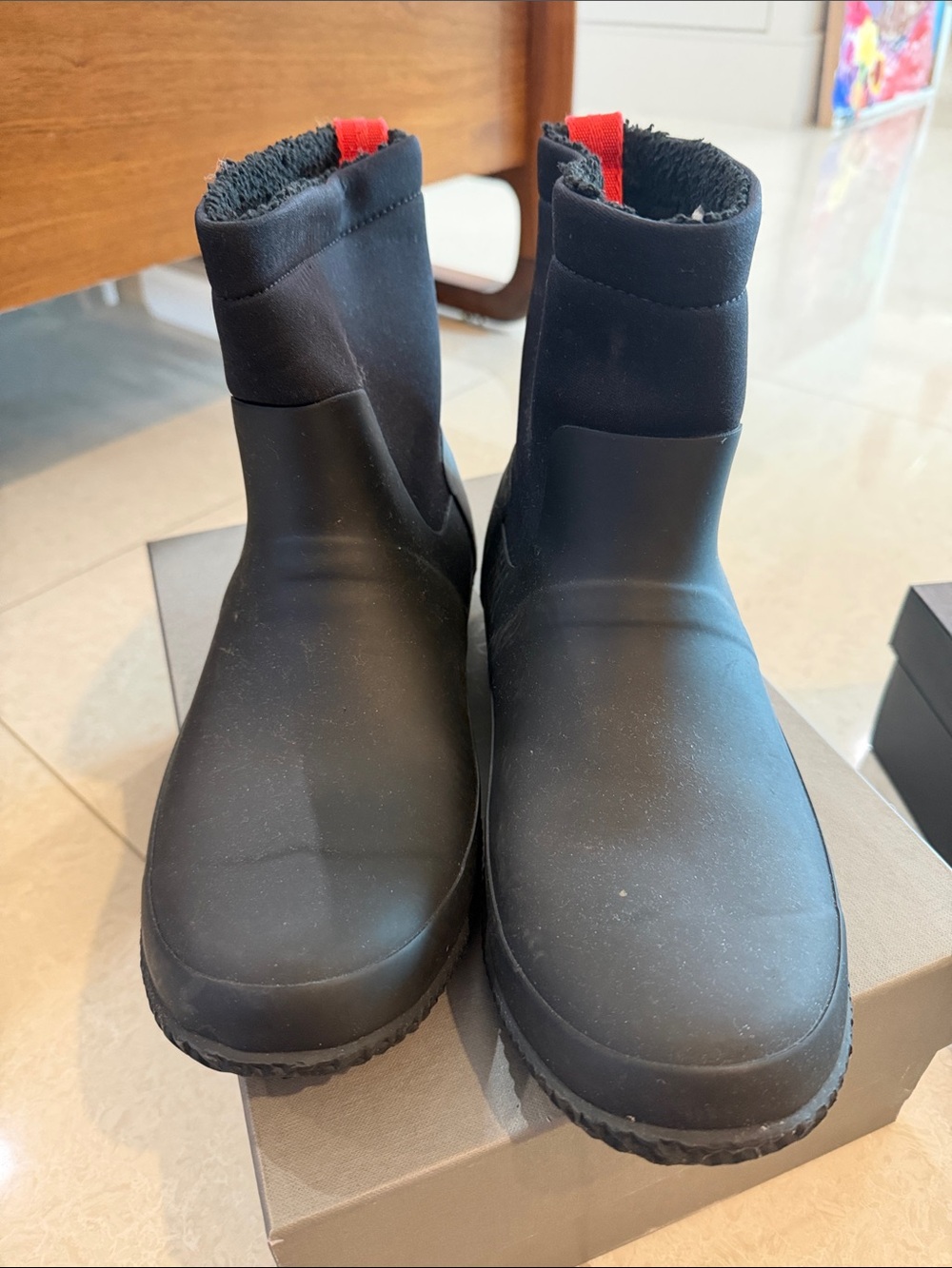 Hunter Black Ankle Rain Boots with Red Pull Tabs